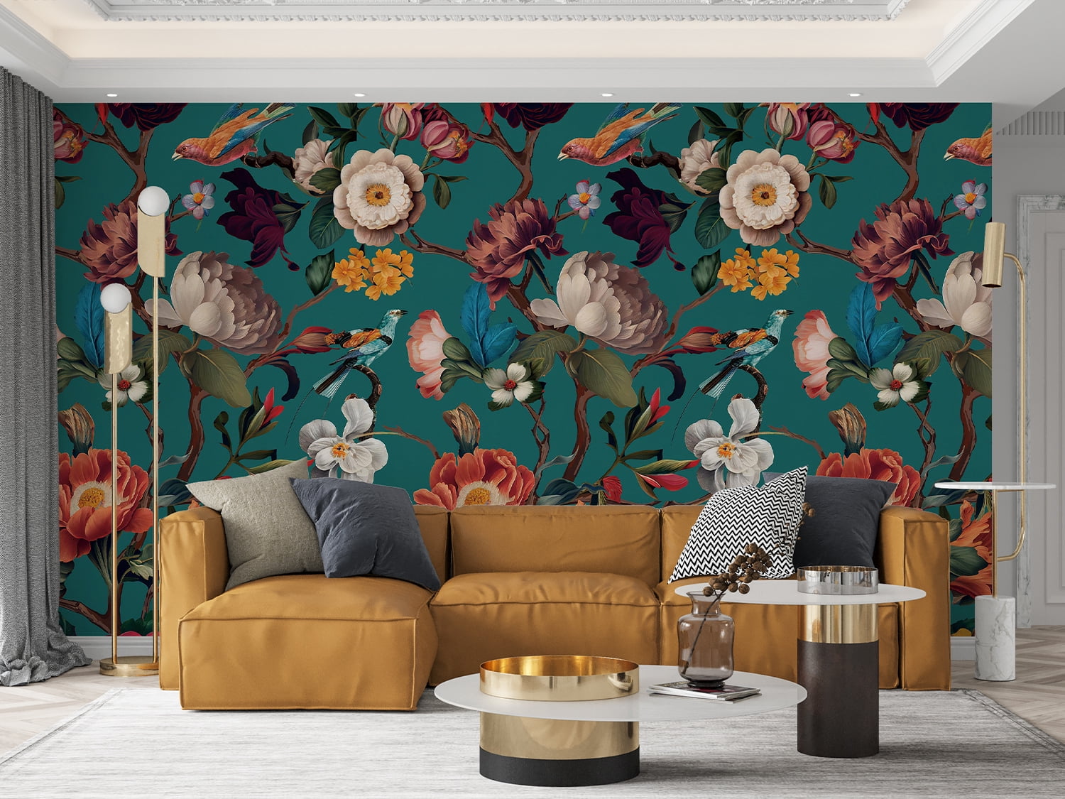 Xiayi Dark Blue Floral Mural Wallpaper Peel & Stick, 148" W x 98" H, Removable Vintage Wall Covering for Bedroom, Living Room & Rentals, 1 Piece