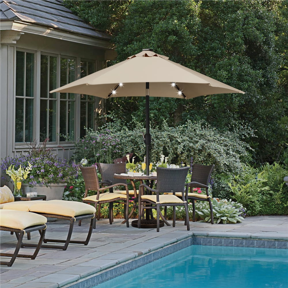 Alden Design 7.5FT LED Patio Umbrella with 6 Ribs & 18 LED Solar Lights + Patio Umbrella Base,Tan