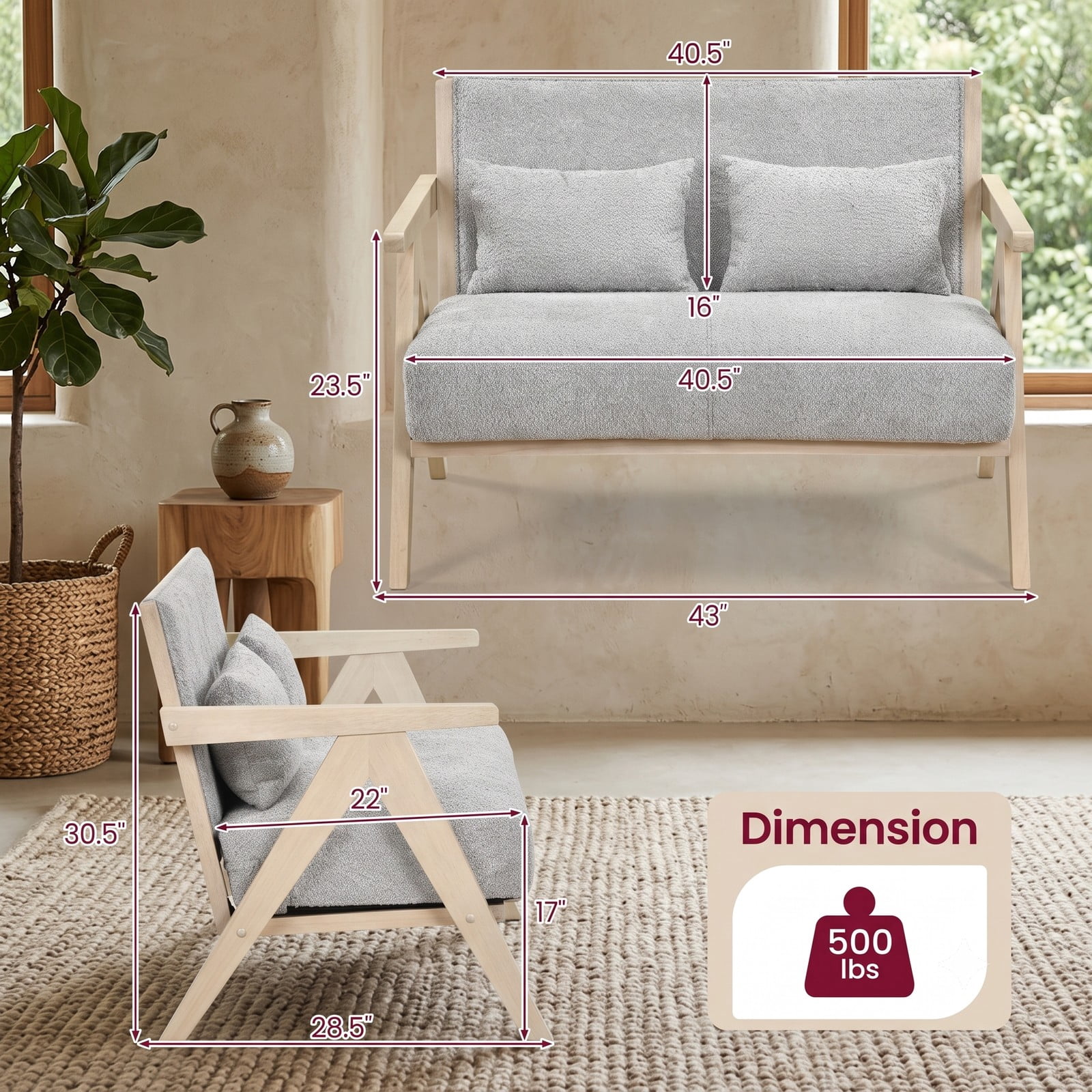 Furnibear Loveseat Sofa for Small Spaces, Modern 2-Seater Upholstered Chenille Couch with 2 Throw Pillows, Rubber Wood Frame, Pocket Spring Padded Seat for, Gray