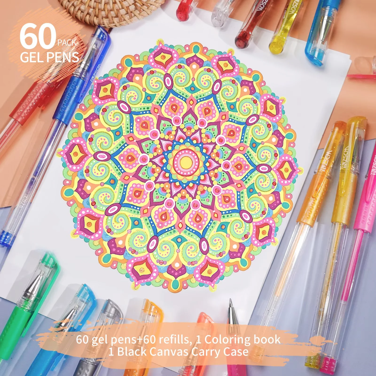 ZSCM Gel Pens for Adult Coloring Books, Ink Pens Set Include 60 Colors Gel Marker Pens, 60 Matching Color Refills for Drawing Scrapbooks Journaling