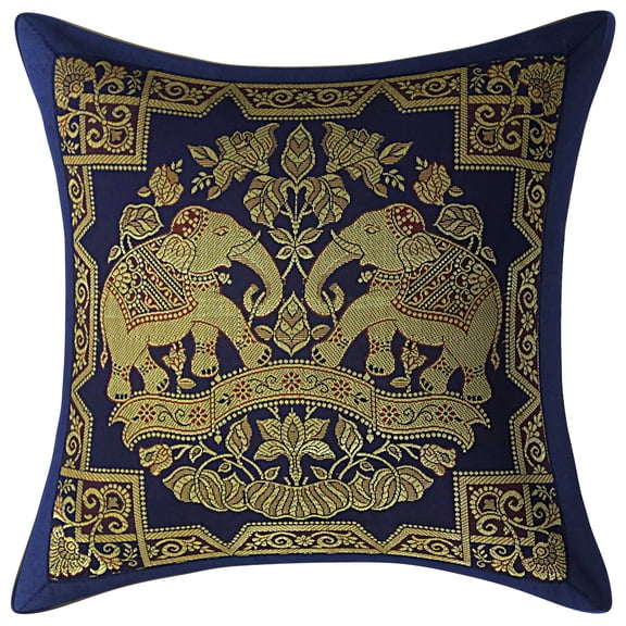 Stylo Culture Ethnic Boho Brocade Navy Blue And Gold Throw Pillow Covers 12x12 Jacquard Weave Banarsi Decorative Pillow Covers Elephant Floral 30x30 cm Cushion Covers (1 Pc)