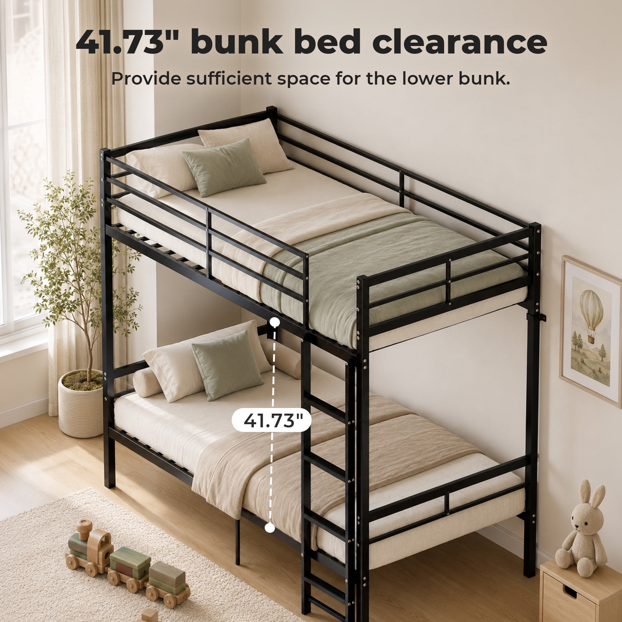 Alvantor Bunk Bed Twin over Twin, Metal Bunk Bed for Kids with Ladder and Anti-tip Bracket Black