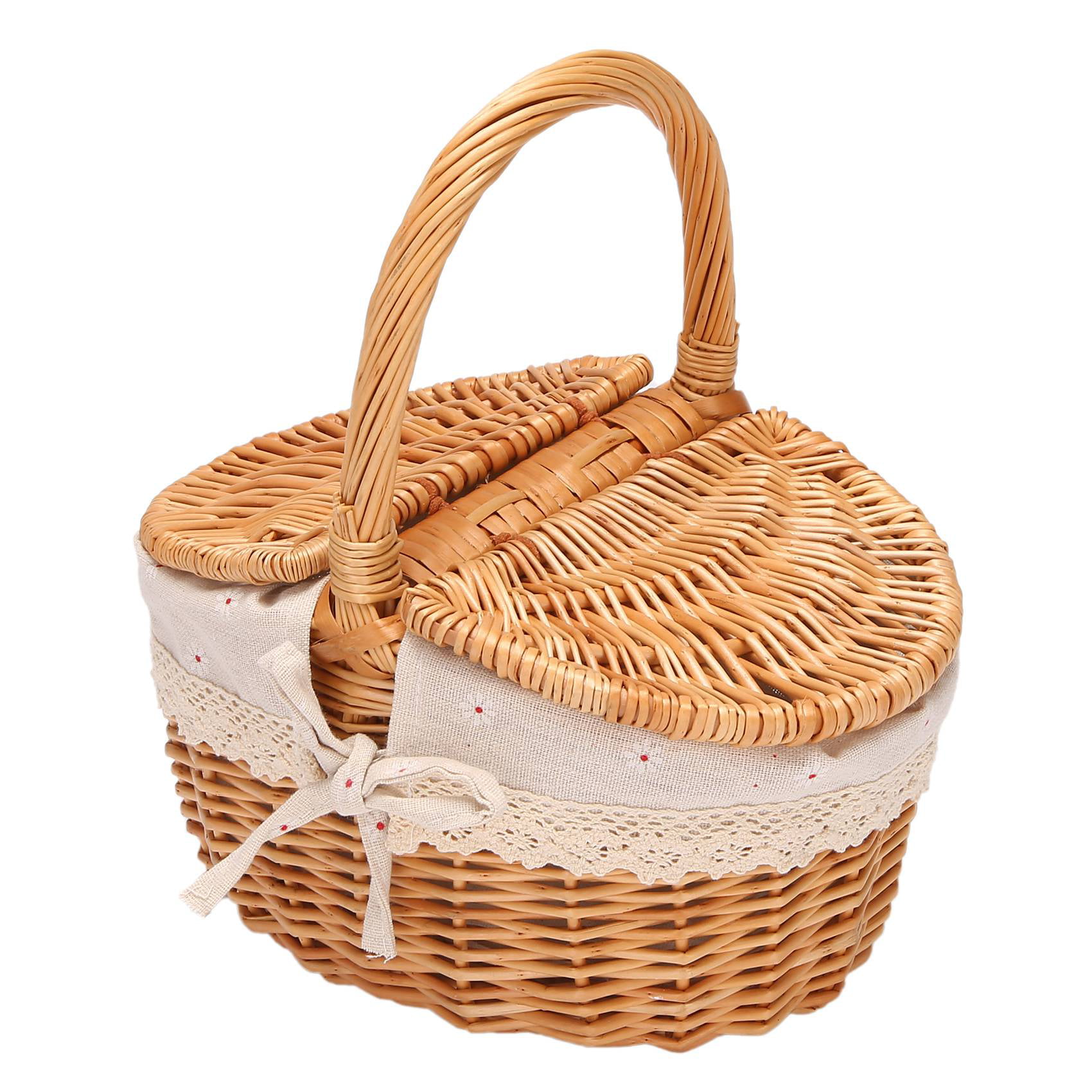 TTBD Handmade Wicker Basket with Handle Wicker Camping Picnic Basket with Double Lids Storage Hamper Basket with Cloth Lining 