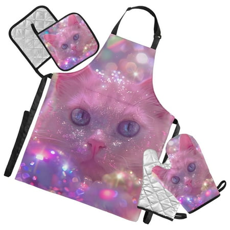Cat with Light 5 Pcs Kitchen Set Heat Resistant Oven Mitts and Non-Slip Pot Holders with Adjustable Cooking Apron