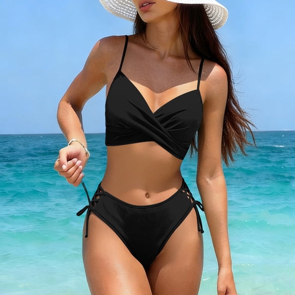 Underwire Bikini Sets for Women Womens Cheeky Bikini Sets Ruched Two Piece Swimsuit Drawstring Mid Waisted Bathing Suit Summer Swim Suits Black XXL