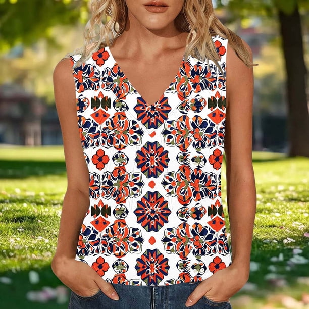 TaTaai Womens Printed Camisole Top Sleeveless V Neck Strap Design Tshirt Loose Fit Fashion Spring Summer Casual Wear Gift