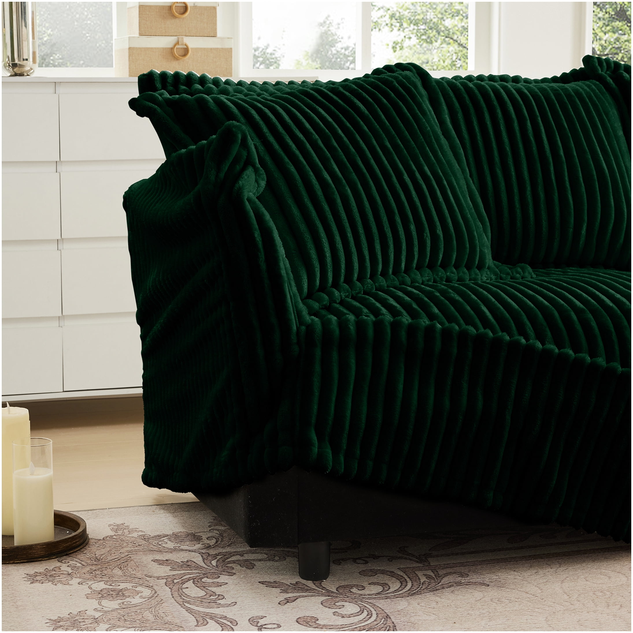 Green Corduroy Living Room Ottoman with Removable Cover, Modern Footrest Stool for Lounge