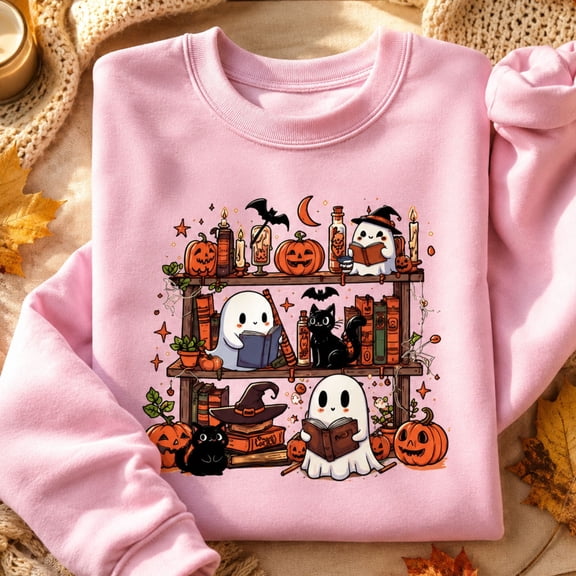 Halloween Shirt, Reading Ghost and Black Cat Sweatshirt, Spooky Library Hoodie, Cute Pumpkin Book Lover T-Shirt, Halloween Gift for Readers