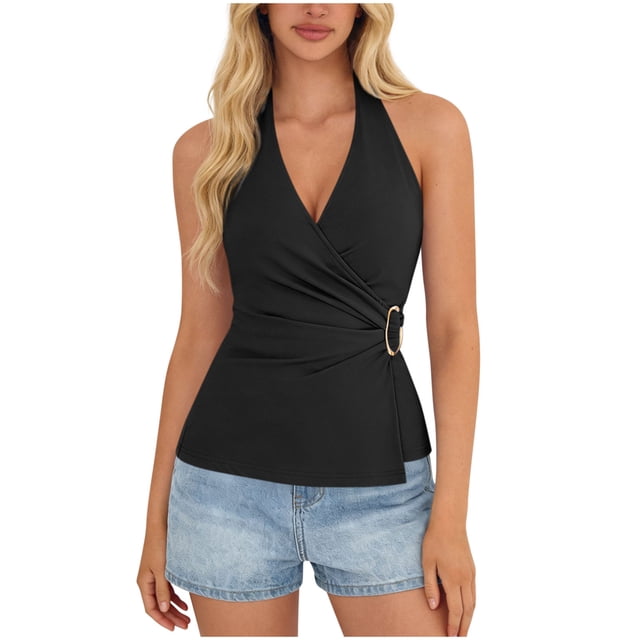 Tops Casuales sin Mangas para las Mujeres V Cuello Blusa Plegado Vendaje Suéter de Verano Damas Camisa Diaria