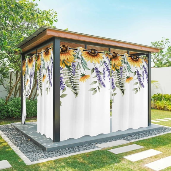 Sunflower Lavender Outdoor Curtains 1 Panel Retro Green Eucalyptus Leaf Yellow Sunflower Purple Lavender Waterproof Weatherproof Privacy Curtain Thermal Outside Drape for Porch Patio 54 x 84 Inch