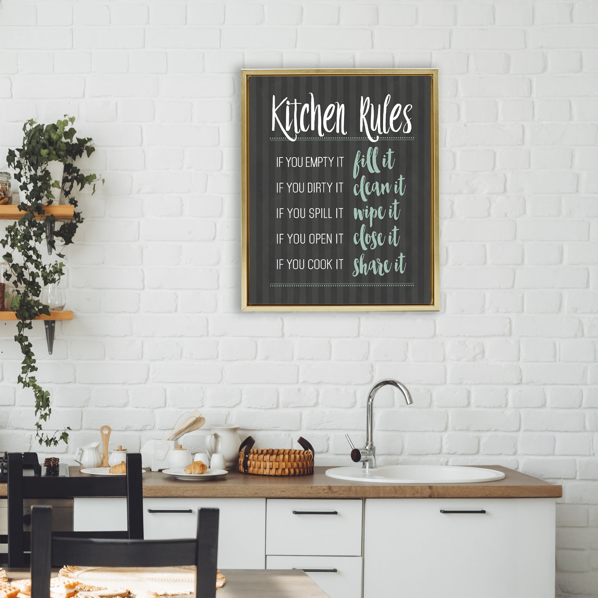 Kitchen Rules Black & Green Gold Framed Floater Canvas Wall Art, design by Lettered and Lined