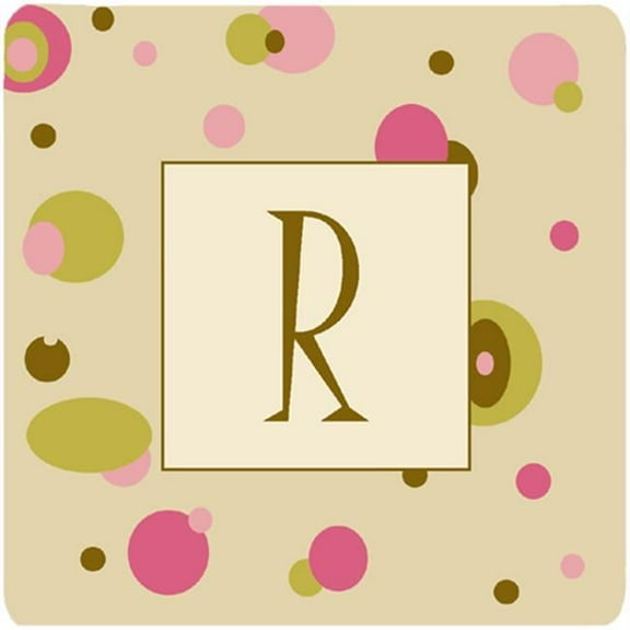 Monogram - Tan Dots Foam Coasters Initial Letter R, Set Of 4