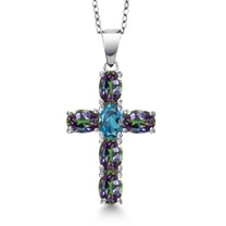 Gem Stone King 925 Sterling Silver Green Mystic Topaz and London Blue Topaz Cross Pendant Necklace for Women | 3.60 Cttw | Gemstone November Birthstone | Oval 6X4MM | With 18 inch Chain