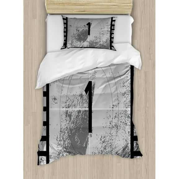 Old Hollywood Twin Size Duvet Cover Set, Film Countdown Number One on Grungy Style Background, Decorative 2 Piece Bedding Set with 1 Pillow Sham, Black Charcoal Grey and Coconut, by Ambesonne