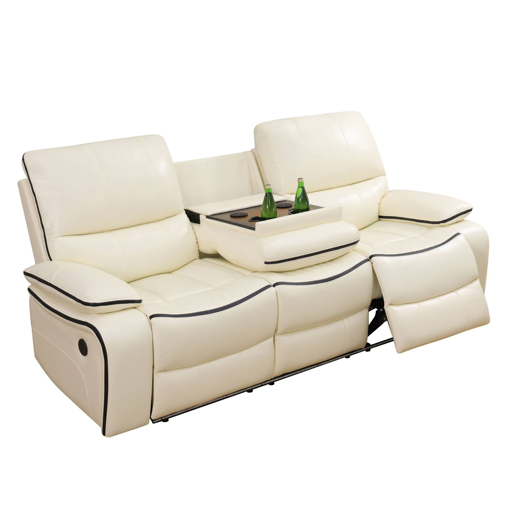 Power Leather Recliner Loveseat Sofa with LED Light for Living Room Recline Couch Home Theater Seat with USB Port , White