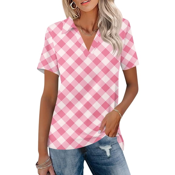 OIOLOYJM Women's Polo Shirts Plaid Short Sleeve V Neck Golf Shirts Spring Lapel Collar Gym Workout Lightweight T-Shirt Fashion Work Clothes Pink M