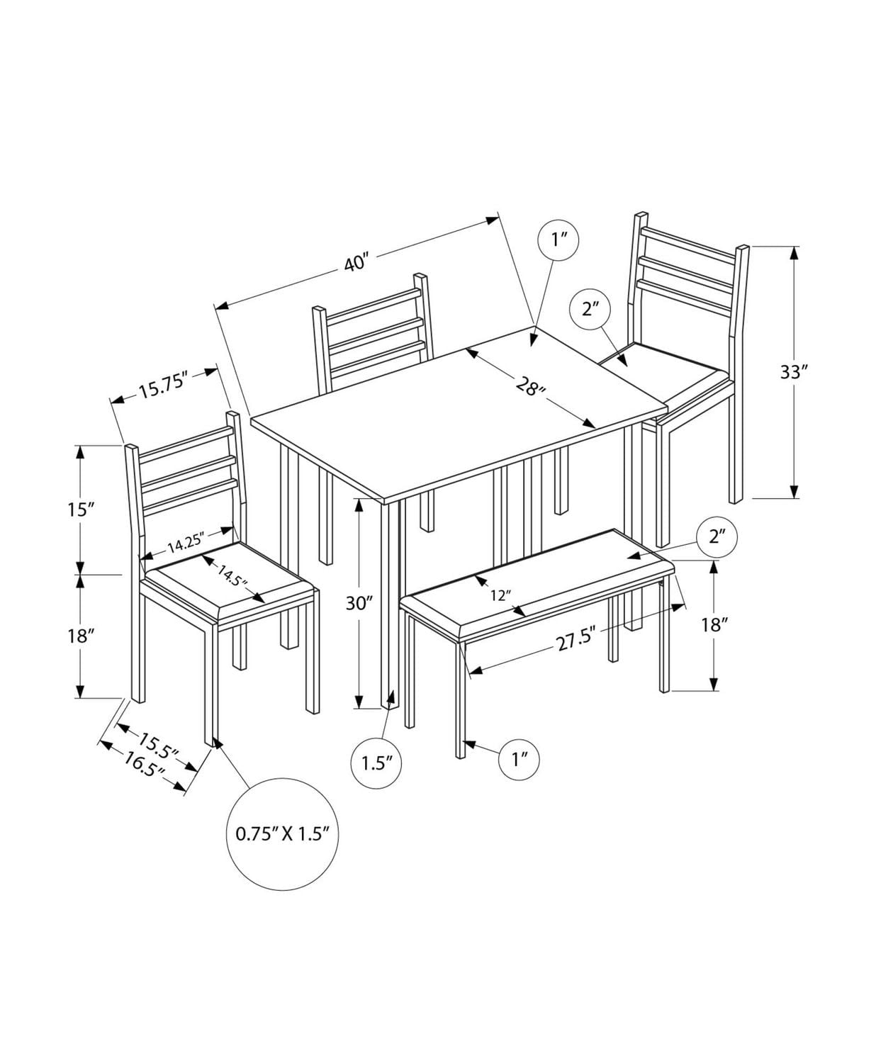 Monarch Specialties Dining Set, 5pcs Set, 40" Rectangular, Kitchen, Small, White Metal And Laminate, Grey Fabric, Contemporary, Modern