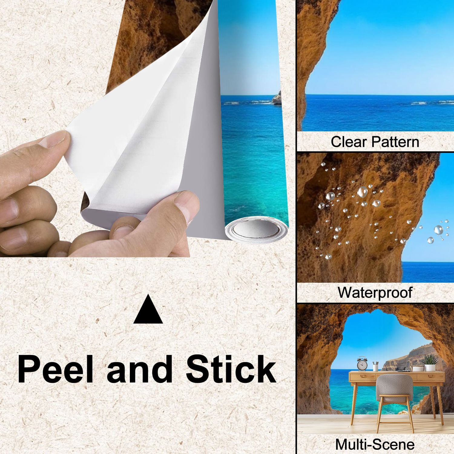 Peel and Stick Wallpaper Ocean Cave 3D Peel Stick Large Poster Kitchen Bedroom Living Room Home Modern Art Wall Mural Decor Self Adhesive and Removable 100in x 144in