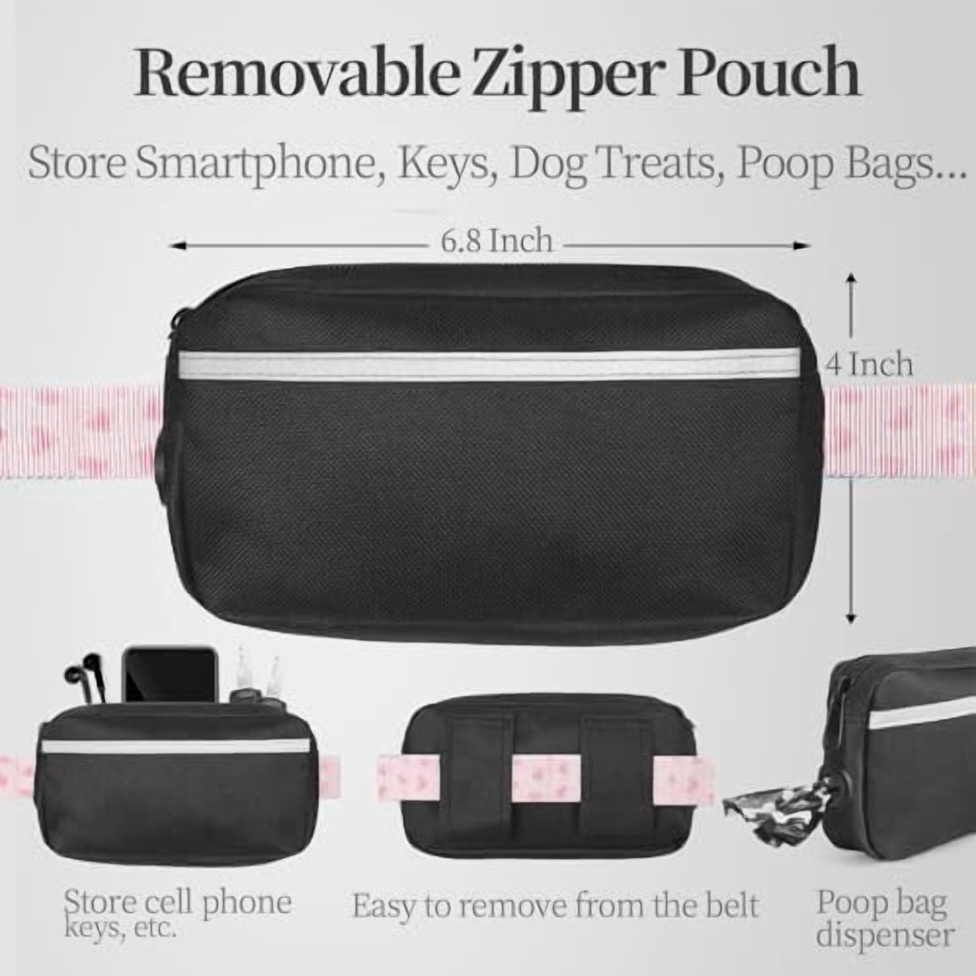 Hands Free Dog Leash with Zipper Pouch, Dual Padded Handles and Durable Bungee for Walking, Jogging and Running Your Dog (Pink Heart, Large)
