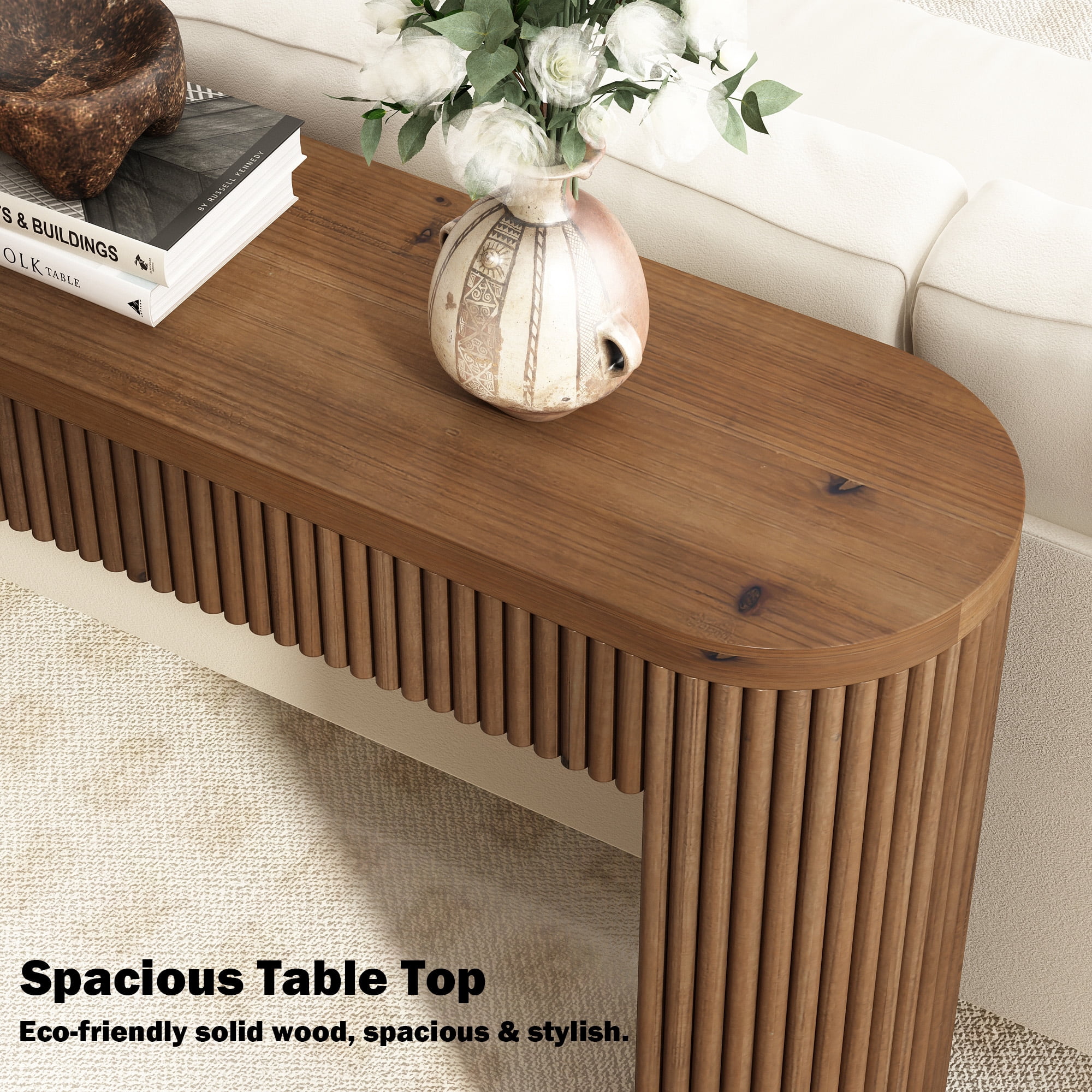 55'' Solid Wood Fluted Console Table with Drawer, Narrow Entryway Table Behind Couch for Living Room Hallway, Brown