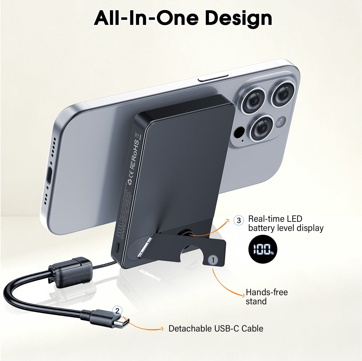 Magnetic Power Bank 10000mAh, 20W Fast Charging Wireless Power Bank, Portable Charger With a folding stand and Portable Fast-Charging Cable, Compatible with iPhone 17/16/15 Series, Samsung, Android