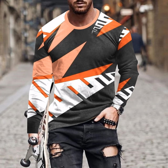 Pisexur Chandail à Manches Longues Homme Tissu de Haute Qualité T-Shirt à Manches Longues Homme, Homme Décontracté Col Rond Chandail à Manches Longues T-Shirt Imprimé à Rayures Blouse Orange, G