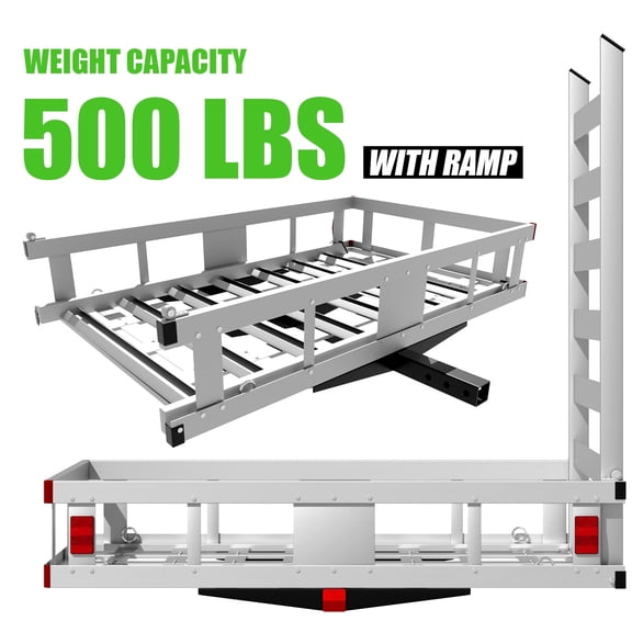Iron Luggage Carrier Rack, Mounted Trailer with Ramp, Trailer Hitch Cargo Carrier, Trailer Hanging Basket, Heavy Duty, with 47 inch Ramp, Fits 2" Hitch Receiver, 50x29.5x9.0 inch for Truck Van Car