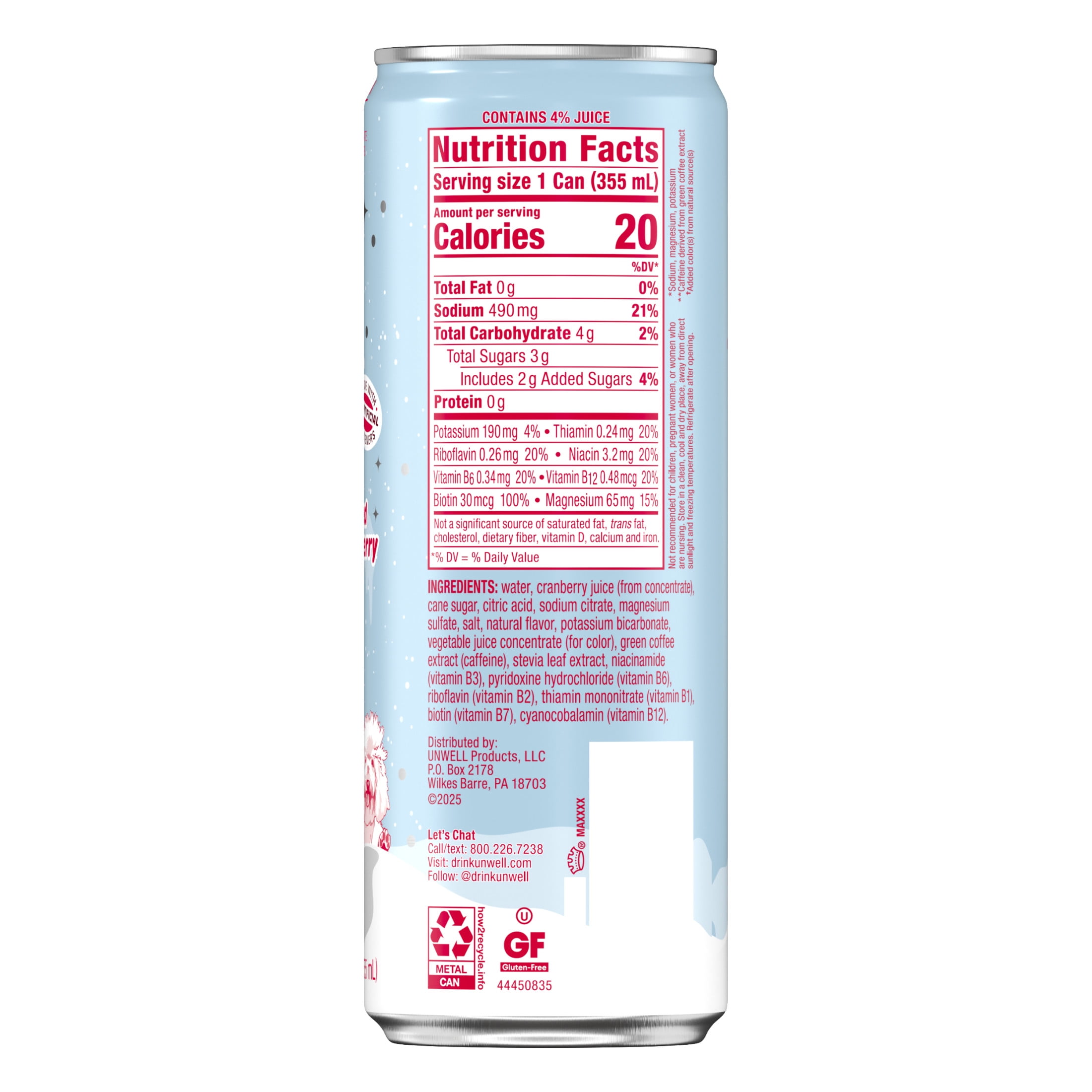 Unwell Sparkling Energy Drink, Natural Caffeine, 3g Sugar - Frosted Cranberry, 12 PK