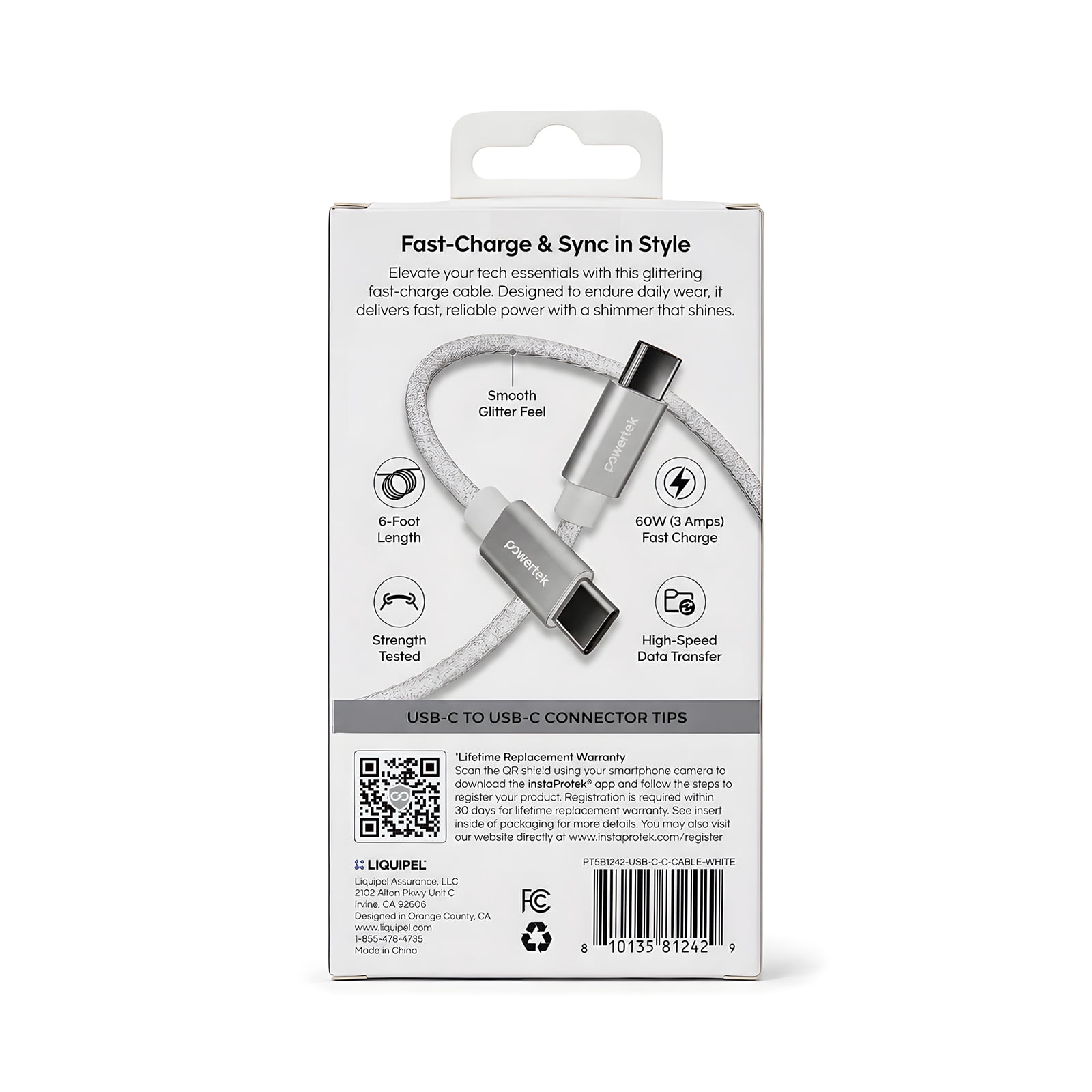 Powertek USB-C to USB-C Cable, Fast Charging Type-C Charger Cord, Durable Tangle-Resistant Sync Cable, White Glitter, 6FT