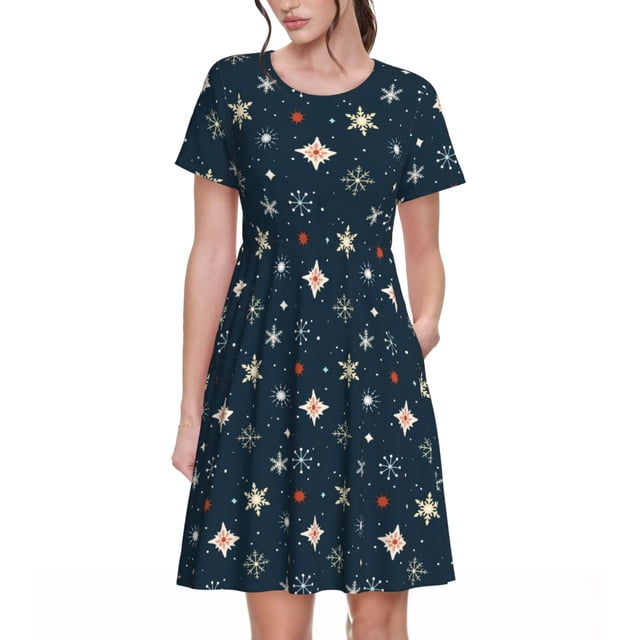 Balery Christmas Snowflakes1 Vestidos sueltos de manga corta para mujer, vestidos de verano 2025, vestidos casuales de corte A con vuelo.