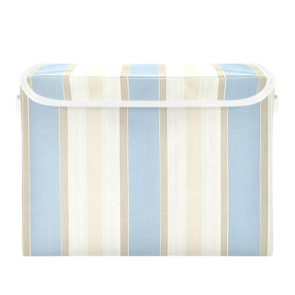 Blue Beige Vertical Stripes Foldable Storage Bin with Lid and Handle Collapsible Storage Box 16.5 x 12.6 x 11.8 inches