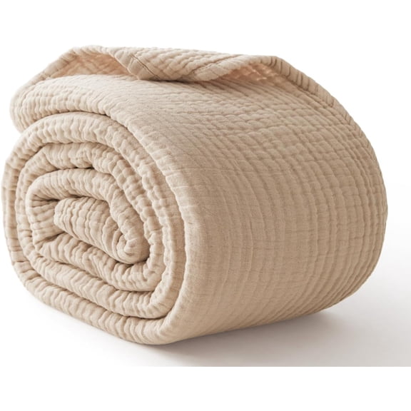 6 Layers Cotton Muslin Blankets Large, Lightweight Cotton Throw, Cooling Soft Throw Blanket for Year-Round Comfort, Breathable Quilt Bedspread, Gauze Weave Bedding for Adults, Oatmeal, Beige Linen