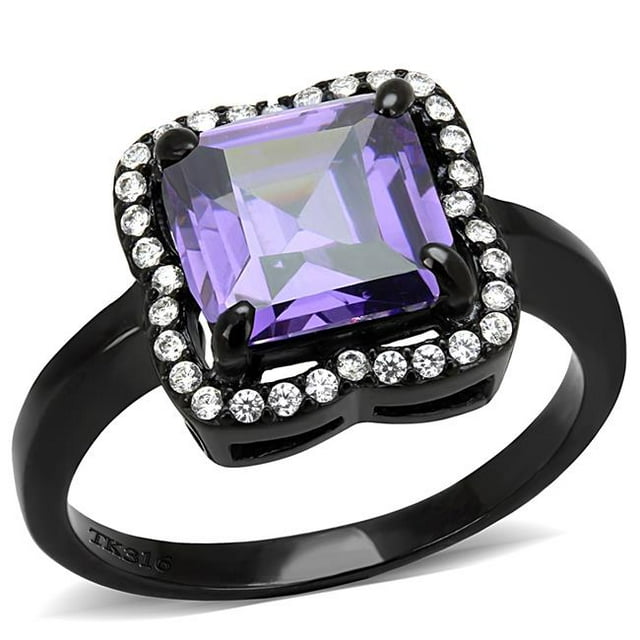 Alamode DA028-8 Femmes IP Noir Bague en Acier Inoxydable avec AAA Grade CZ en Améthyste - Taille 8