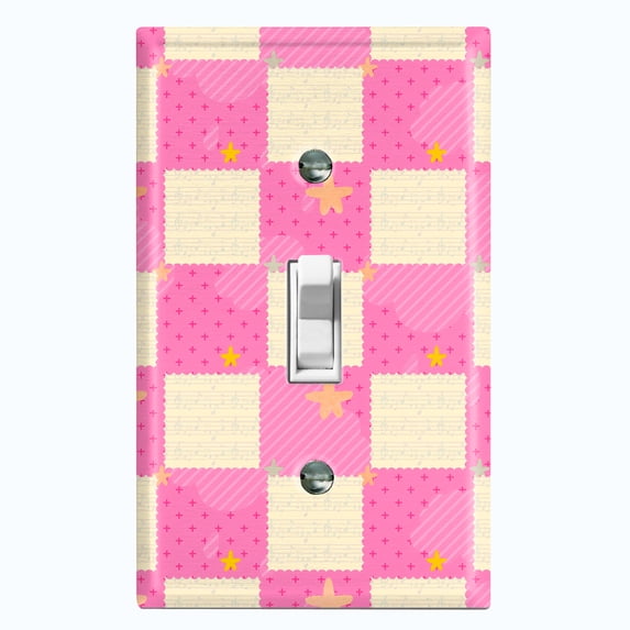 Metal Light Switch Wall Plate Outlet Cover (Pink White Toy Chest Box Check Pattern - Single Toggle)