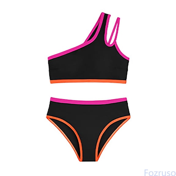 Fozruso Girls Swimsuit Two Piece One Shoulder Bathing With Chest Pad Color Bikini 7 16 Years 2 Piece Bikini Set Sizes 9-10 Years