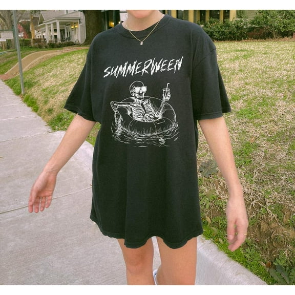 Summerween Skeleton T-Shirt Spooky Summer Tee Skeleton Pool Float Horror Slasher Summer Graphic Shirt