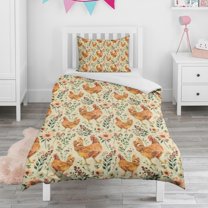 Chicken and Flower Duvet Cover and Pillowcase Set for Single Bedding, Bedroom Accessories for Kids Teens