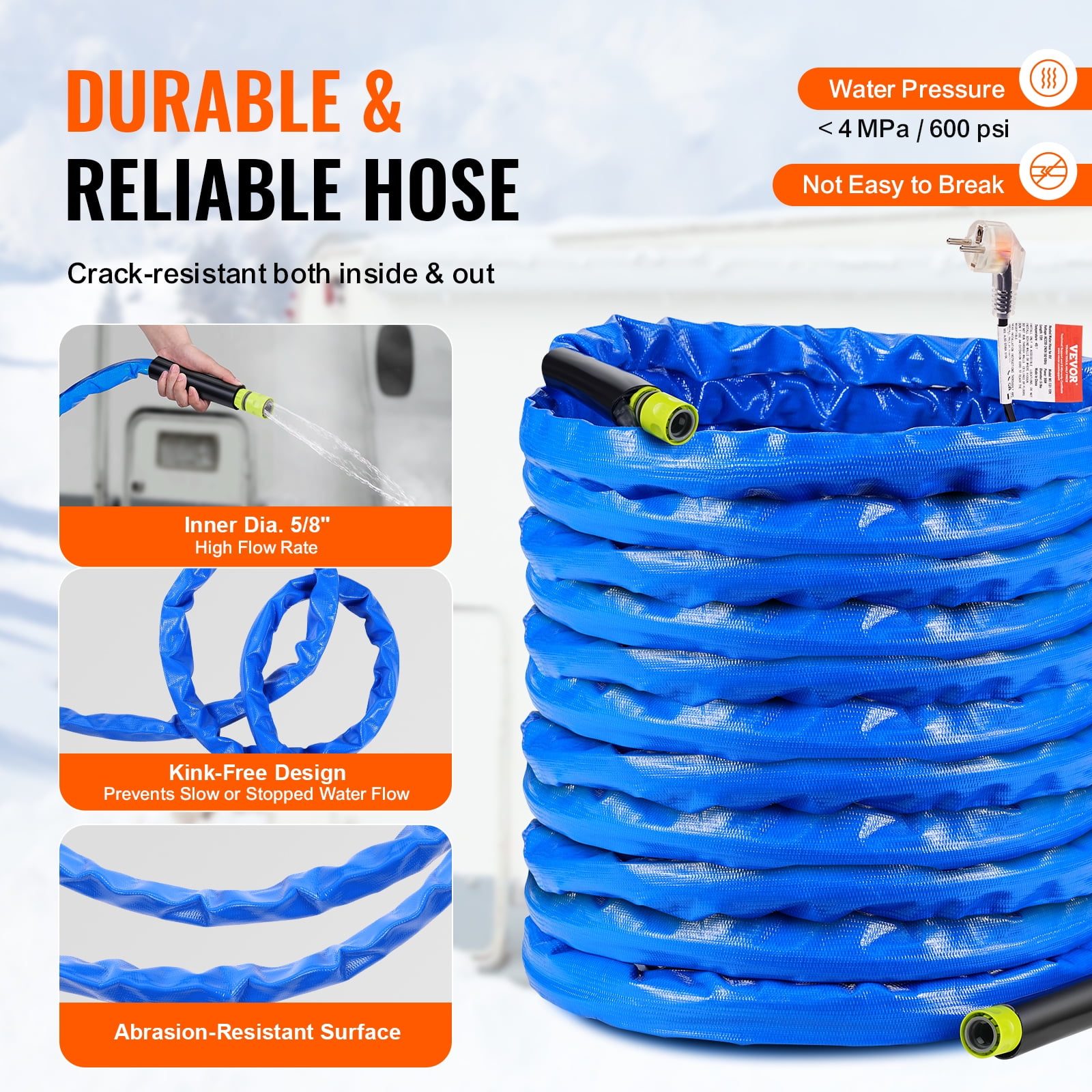 VEVOR 100ft Heated Water Hose for RV, Heated Drinking Water Hose with Corrugated Cover Antifreeze to -45°F, Automatic Self-regulating, 5/8" I.D. with 3/4" GHT Adapter, Lead and BPA Free