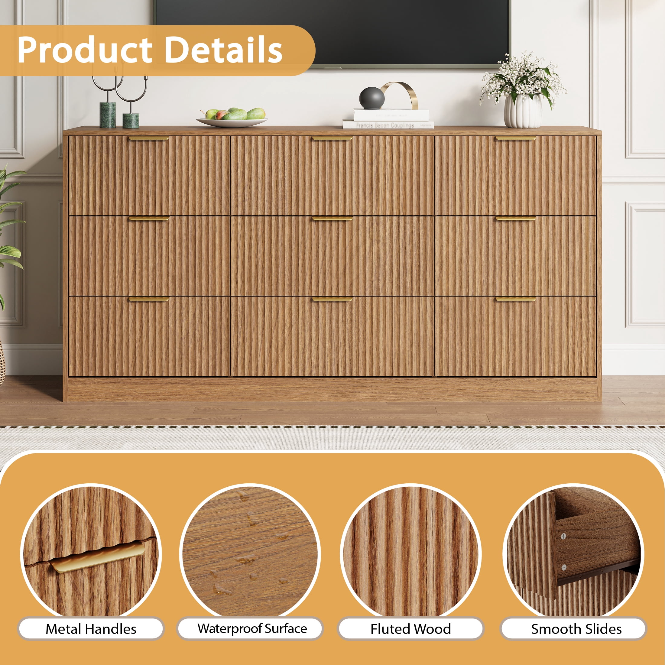 YouTrend Burlywood 9 Drawer Dresser for Bedroom,Modern Adult Fluted Wood Chest of Drawer with Golden Embedded Handles for Living Room,Hallway