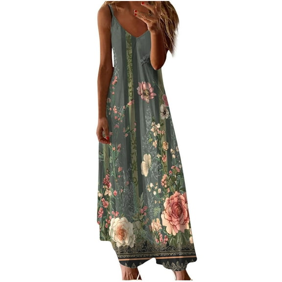 Ruimatai Women's Flowy V-Neck Printed Maxi Dress Sleeveless Summer Casual Beach Sundress for Travel Party Plus Size