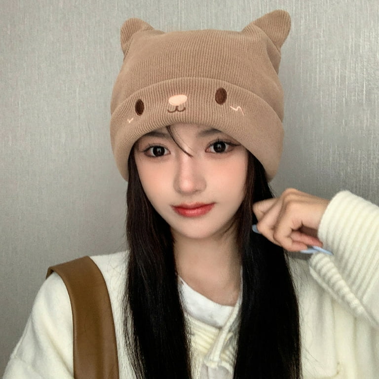 Knitted Hat Cute Cat Ears Embroidery Face Slouchy Soft Cold Resistant Cozy  Autumn Winter Women Beanie Cap for O