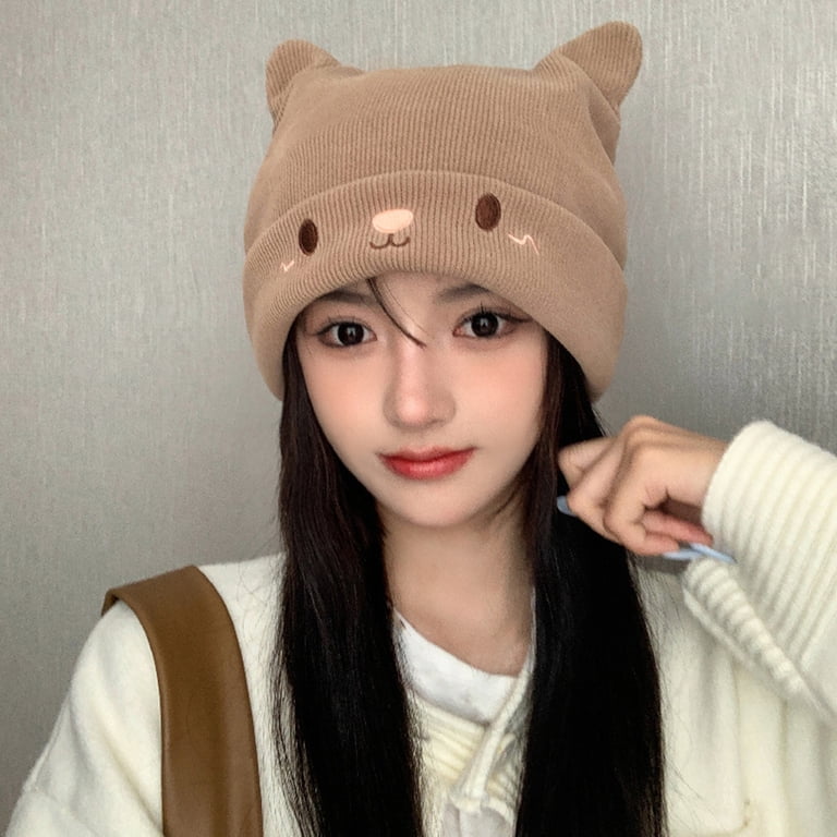Mightlink Knitted Hat Cute Cat Ears Embroidery Face Slouchy Soft