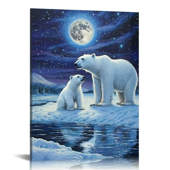 Patifu Polar Bears Snowy Night Full Moon Canvas Wall Decor 12x16 in