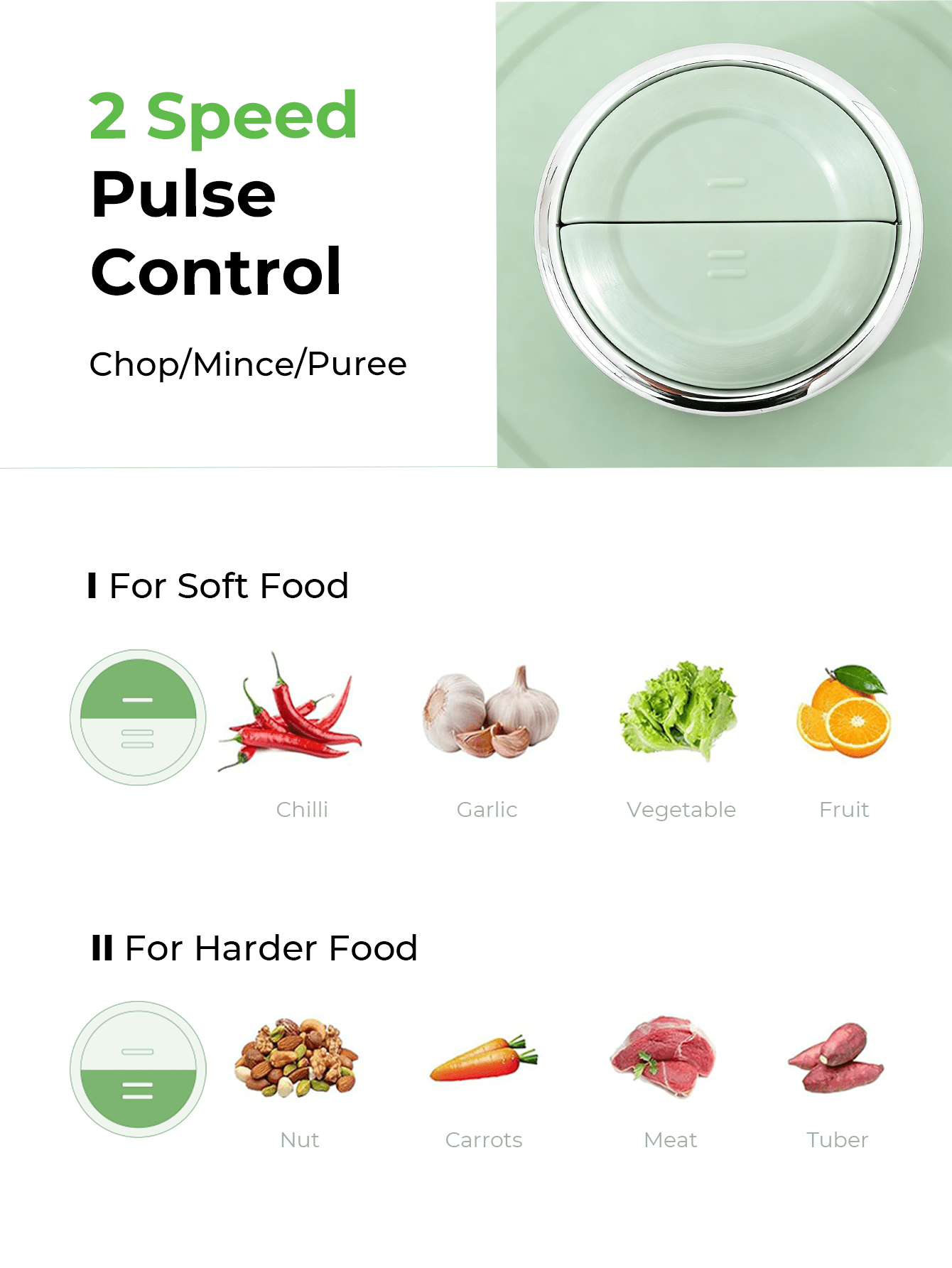 10-Cup Dual Pot Food Processor, Stainless Steel Blades, Veggie Chopper for Kitchen Use, Light Green
