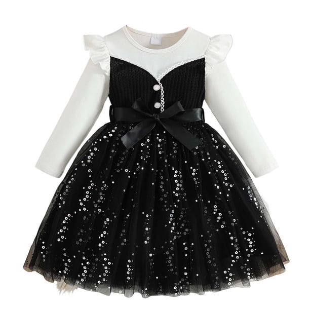Vestido de Manga Larga para Niñas con Nudo de Arco Y Cinturón, de Moda de Color Sólido de Malla de Manga Larga para Niños 3-10 Años