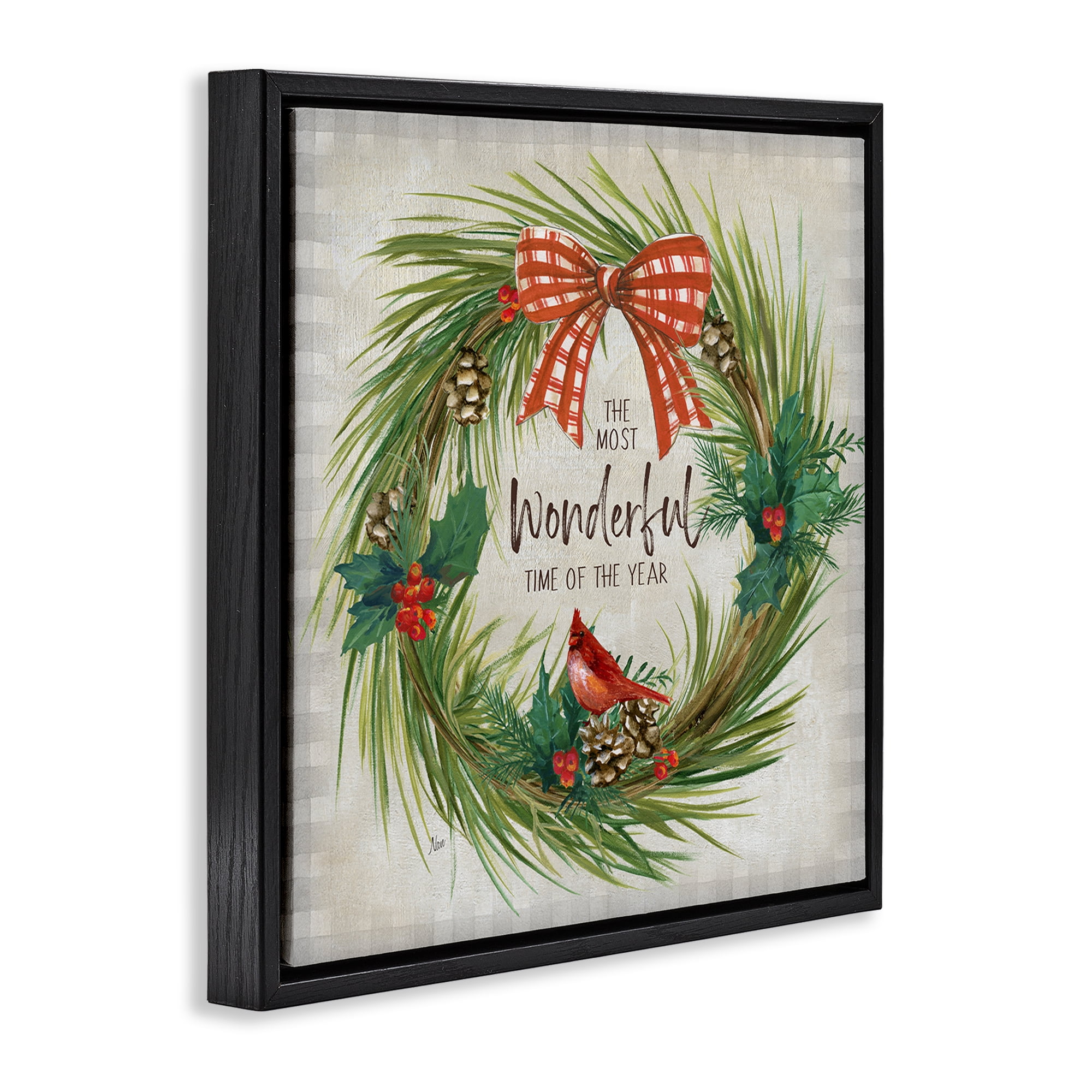 Stupell Industries Most Wonderful Time Wreath Holiday Painting Black Floater Framed Canvas Art Prints Wall Art, 18 x 18