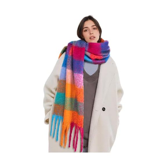 Fu997 Large Colorful Winter Scarf for Women - Oversized Fuzzy Wrap with Fringe Ends, Long Plaid Scarves for Cold Weather