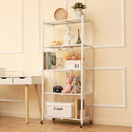 Letusto Heavy Duty Foldable Collapsible Shelf with Wheels with Breaks - Shelves with No Assembly Required (White  5 Tier)