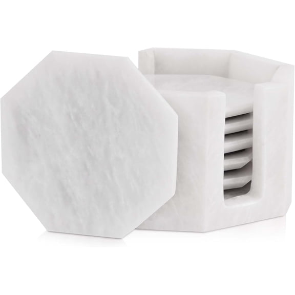 Radicaln White Marble Coasters with Holder – 3.5" Star Coasters for Drinks, Set of 6 for Coffee Table Decor, Kitchen Table, Home & Bar Accessories