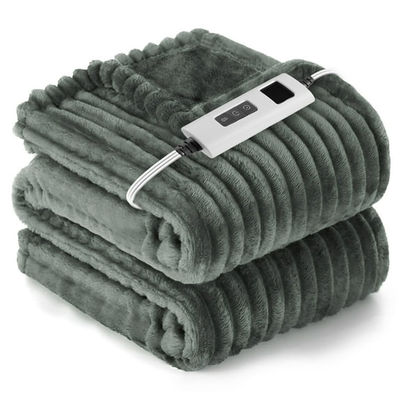 Heated Blanket Electric Twin Striped Flannel Blanket 62"x84" Electric Blanket with 6 Heat Settings 10 Hour Timer Auto Shut Off, Dark Grey